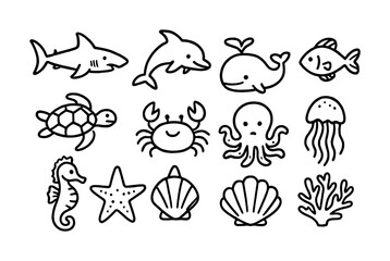 Obraz premium Vector Marine life outline illustrations of various sea creatures and ocean animals