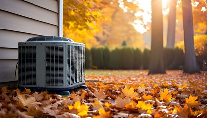 An outdoor air conditioning unit sits amongst fallen autumn leaves next to a house at sunset.