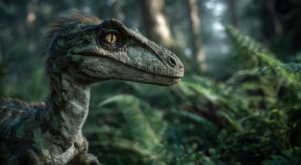 Obraz premium Detailed illustration of a dinosaur creature in a lush verdant forest setting