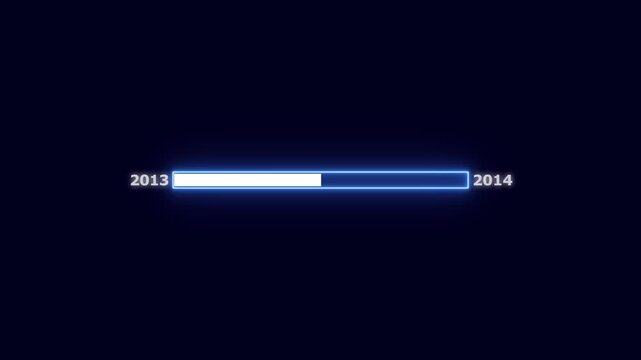 Neon progress bar from 2013 to 2014 with glowing blue light and dark background loading bar year - Powered by Adobe