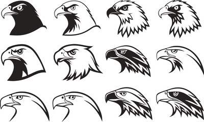 Set of eagle head illustrations in different styles, showcasing various expressions