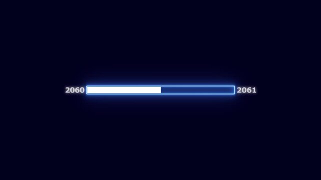 Technology progress bar from year 2060 to 2061 with blue neon light and dark backdrop loading bar futuristic