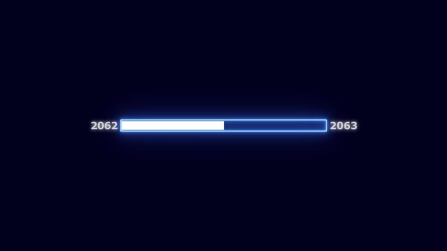 Progress bar indicating completion from year 2062 to 2063 with blue neon light effect loading bar futuristic