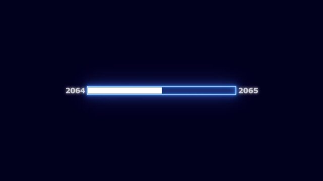 Futuristic progress bar with blue neon effect, marking progress from 2064 to 2065 loading bar technology