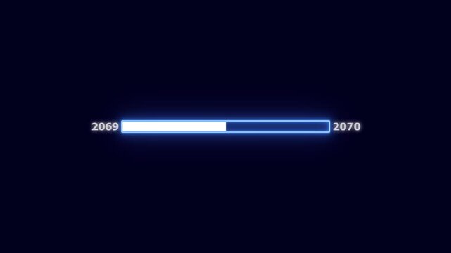 Glowing Neon Blue Progress Indicator from Year 2069 to 2070 on Dark Background progress bar loading bar
