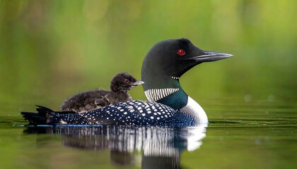 A large aquatic bird with striking red eyes and distinctive black and white patterns, carrying a fluffy chick on its back as they glide serenely
