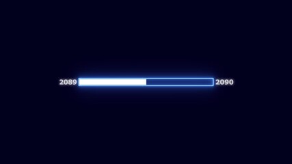 Futuristic loading bar from 2089 to 2090 with bright blue neon illumination progress bar technology