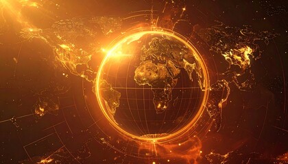A glowing golden Earth is centered, surrounded by a circular energy field, superimposed on a detailed world map. The scene glows warmly