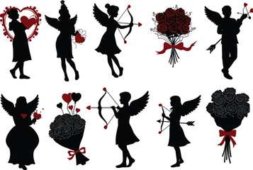 Valentine silhouette illustration, love theme vector, romantic clipart design, heart bouquet, Cupid character, black and red graphic, holiday art