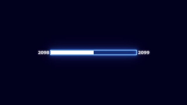 Digital progress bar showing year 2098 to 2099 with bright blue neon light on dark background loading bar