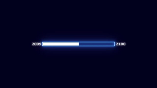 Neon progress bar indicating year 2099 to 2100 with glowing blue light on dark background loading bar