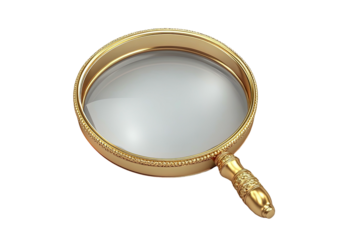 Ornate golden magnifying glass with clear lens, isolated on black background