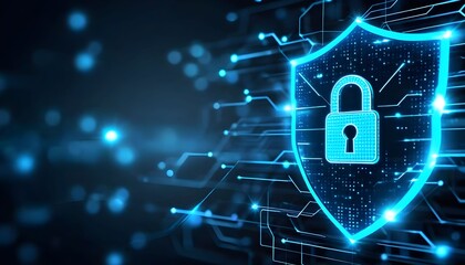 Cyber security concept: Shield with padlock on digital background.