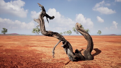 Fototapeta premium A graceful, twisted branch stands proudly on a parched desert floor. Under a clear blue sky, sparse trees dot the horizon, creating a striking contrast with the dry earth.