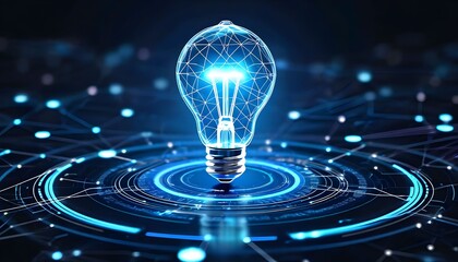 A glowing digital lightbulb symbolizing innovation, ideas, and futuristic technology over a network interface.