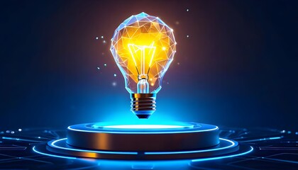 A glowing polygonal light bulb on a futuristic blue illuminated pedestal in a dark digital environment, symbolizing innovation and ideas.