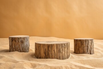 Three rustic wooden log slices arranged sandy surface with textured brown