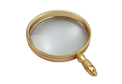 Ornate golden magnifying glass with clear lens, isolated on black background