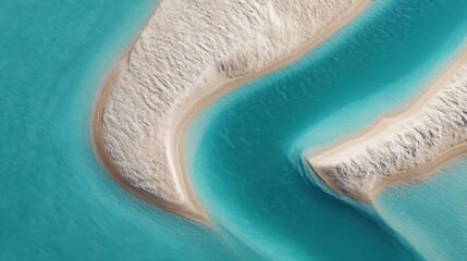 Obraz premium Serene Aerial View of Curving Sandy Shorelines and Crystal Clear Turquoise Waters Reflecting Bright Sunlight on a Tropical Paradise Island Landscape