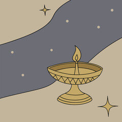Elegant golden Diya lamp radiating warmth and light for Diwali celebrations on a starry night, perfect for festive greetings and cultural designs