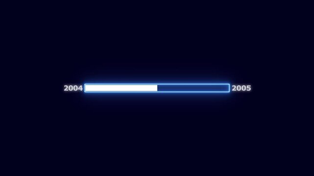 Neon progress bar illustrating year 2004 to 2005 with partial completion loading bar loading