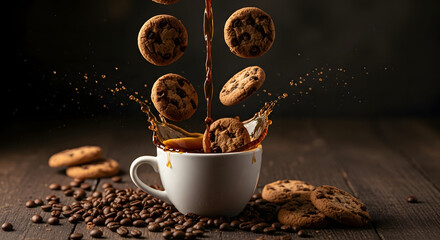 Aromatic coffee pouring into a white cup surrounded by chocolate chip cookies on a wooden table, creating a warm and inviting scene with a dark background