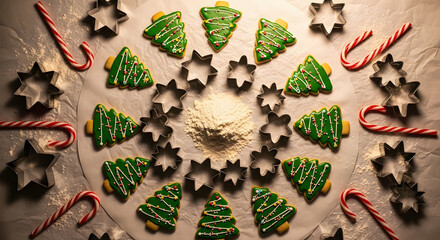 Christmas tree cookie and candy cane arrangement with star shaped cookie cutters on parchment paper festive holiday baking concept from above