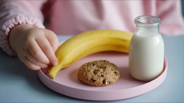 A child reaches for a banana while snacking on a cookie and milk on a pastel plate
