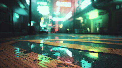 The wet street glistens under colorful neon lights, creating a lively atmosphere. Shimmering reflections fill the scene, showcasing the beauty of urban life after rain.