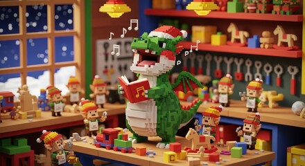 A pixelated green dragon wearing a santa hat sings a christmas carol