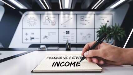 Hand writing Passive vs Active Income on notebook in modern office