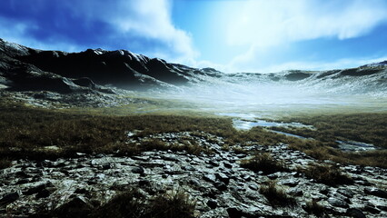 Vast open land stretches across the horizon, featuring a mix of rugged rocks and lush grass. Mist gently rises, blending with the bright blue sky and distant mountains.