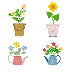 Flowers in pots, blooming in 4 different styles, flower pot decoration, flat vector illustration isolated on white background.
