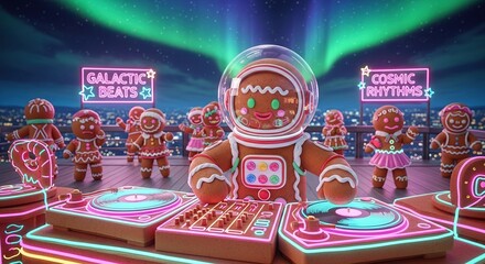 Gingerbread astronaut dj playing music under the aurora borealis