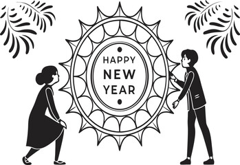 Illustration of a couple decorating for a happy new year celebration