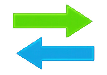 A green arrow points to the right, while a blue arrow points to the left, symbolizing opposing directions, choices, or a back-and-forth movement or exchange.