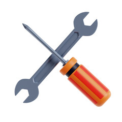 Crossed wrench and screwdriver with orange and red striped handle against a transparent background symbolizing repair and construction services