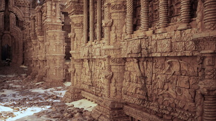 Ancient stone walls showcase elaborate carvings that tell stories of a lost civilization. The scene captures the beauty of artistic detail in a serene, deserted temple setting.