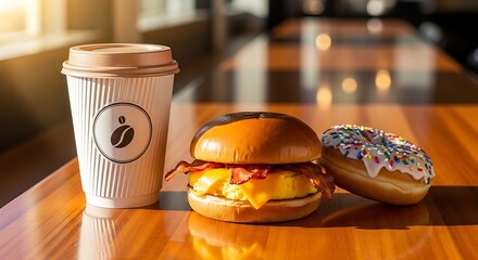 A coffee cup with a breakfast sandwich and a donut on a shiny wooden table in bright morning light