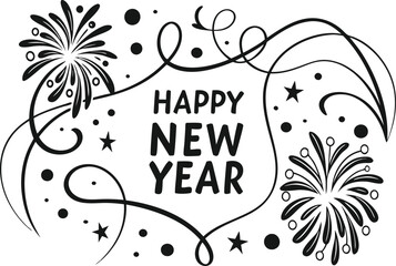 Festive happy new year celebration with decorative swirls and fireworks