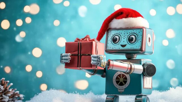 cute robot with christmas gift on festive background illustrated animation