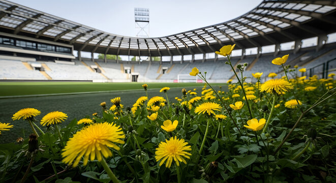 Dandelions in full bloom in the foreground of a soccer stadium with empty seats and green grass on a sunny day in spring