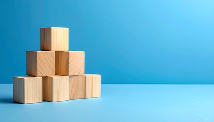 Obraz premium A pyramid of six simple wooden blocks, arranged on a light blue surface against a matching plain backdrop
