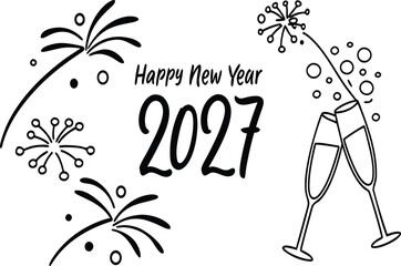 Festive happy new year 2027 celebration with champagne glasses and fireworks