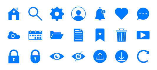 Clean blue UI icon set in EPS format with no background, featuring essential symbols like home, search, settings, user, heart, chat, calendar, upload, download, and more for web, app, and dashboard de