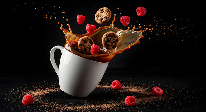 Dynamic shot of coffee splashing from a white cup, accompanied by flying cookies and raspberries against a black background, creating a dramatic food scene