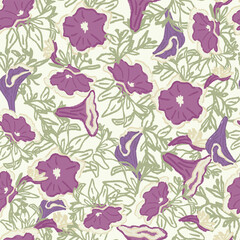 A seamless pattern of petunias in beautiful purple with cream-colored edges and green leaves. A light green background for textiles, bedspreads, wallpaper, curtains, tablecloths, sofas, wrapping paper