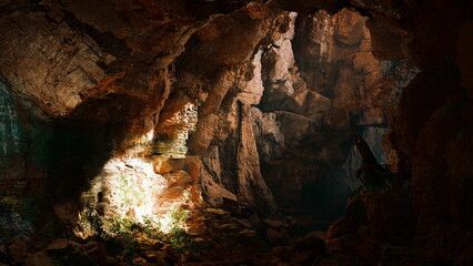 In a dimly lit cave, beams of light break through the rocky formations. The ancient stones create a surreal atmosphere, with green plants brightening the shadowy surroundings.
