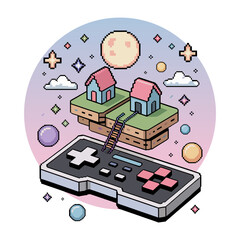 Floating houses on retro controller, dreamlike moonlit circle, soft gradient colors, charming game world illustration, vector © RA Studio