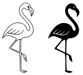 Flamingo Vector, outline version and silhouette version